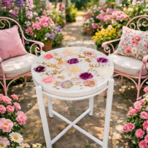 Handcrafted Floral Resin Side Table – Elegant White Garden Accent