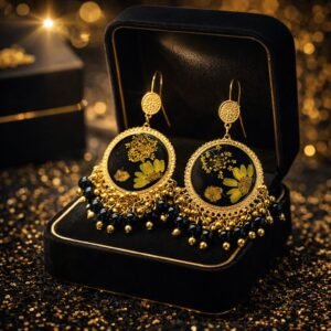 Hand made resin art earrings with sunflower and gold design