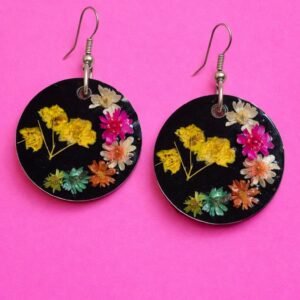 Black earrings - tiny flowers preserved