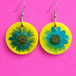 Yellow earrings - blue sunflower preserved