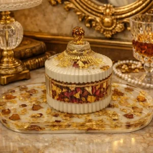 Luxury Handmade Resin Tray & Storage Jar – Gold Flake & Preserved Rose Petal Design