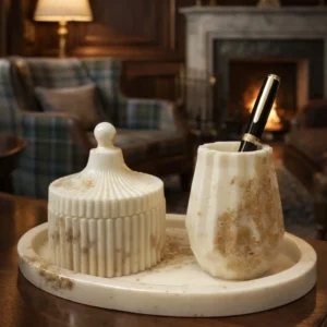 Handcrafted Resin Décor Set – Off-White & Gold Marble Finish