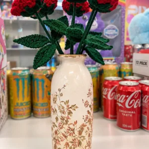 China design vase with 14" high quality hand crafted 6 crochet red roses