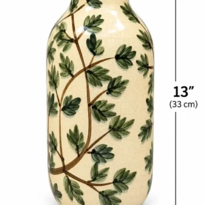 Cream ceramic vase with green leaf and brown branches design