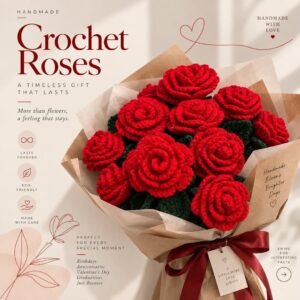 Crochet knitted red rose 34cm long stick