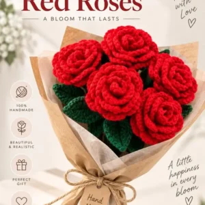 Crocheted red roses bunch of 6 bouquet. 34cm each
