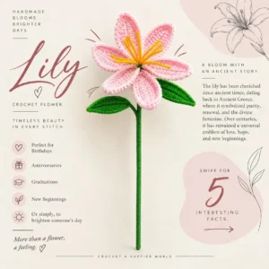 Handmade Pink lily crocheted flower 34cm stick
