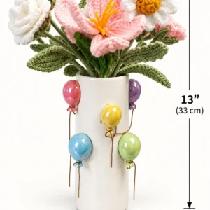 Balloon design vase with bunch of high quality hand crafted crochet flowers. Exactly as shown in the picture. High quality home decor